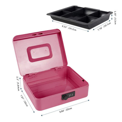 Kyodoled Large Cash Box with Combination Lock,Safe Metal Money Box with Money Tray for Security Lock Box 9.84"x 7.87"x 3.54" Pink Large