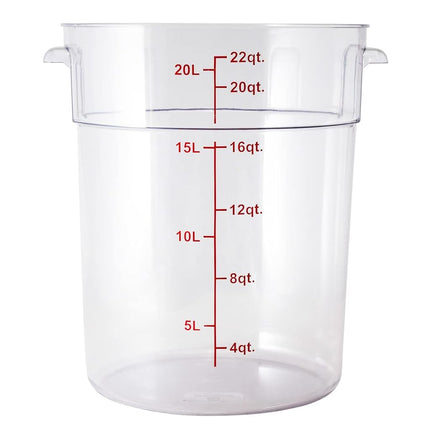 Restaurantware-Met Lux 22 Quart Food Storage Container, 1 Round Commercial Storage Container - Lid Sold Separately, with Volume Markers, Clear Plastic Food Prep Bucket, Space-Saving Storage