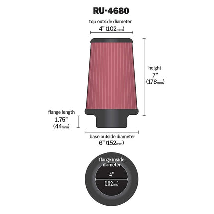 K&N High-Flow Original Lifetime Universal Clamp-On Air Filter: High Performance, Premium, Washable: Flange Diameter: 4 In, Filter Height: 7 In, Flange Length: 1.75 In, Shape: Round Tapered, RU-4680