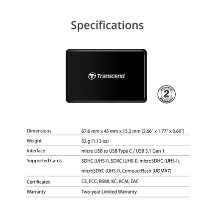 Transcend RDC8 USB 3.1 Gen 1 (USB 5Gbps) SD & microSD & CompactFlash Card Reader, with micro USB to USB Type C Cable, TS-RDC8K2