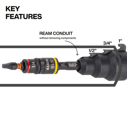 Klein Tools 85091HD Flip Socket Conduit Reamer, 3-in-1 Impact-Rated Tool for 1/2-Inch, 3/4-Inch, 1-Inch Conduit, Magnetic Bit Holder