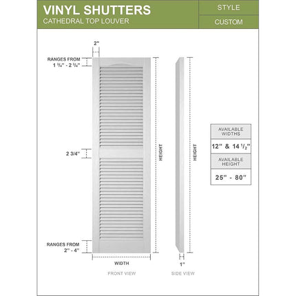 12"W x 64"H Mid-America Vinyl, Standard Size Cathedral Top Center Mullion, Open Louver Shutter, w/Installation Shutter-Lok's & Matching Screws (Per Pair), 010 - Musket Brown