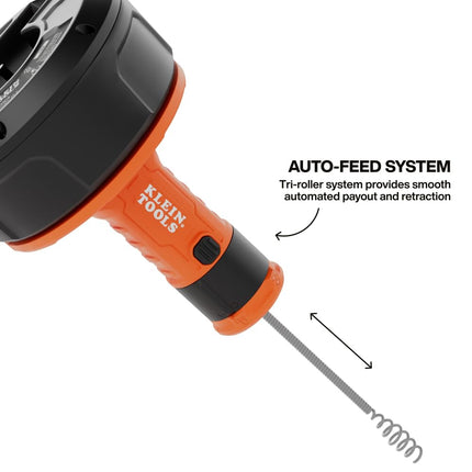 Klein Tools 53016 25-Foot Auto-Feed Drain Auger, Drum Auger, Snake Plumbing Tool, Drain Snake, Cleaner Tool, Tri-Roller System, Power Drill Compatible