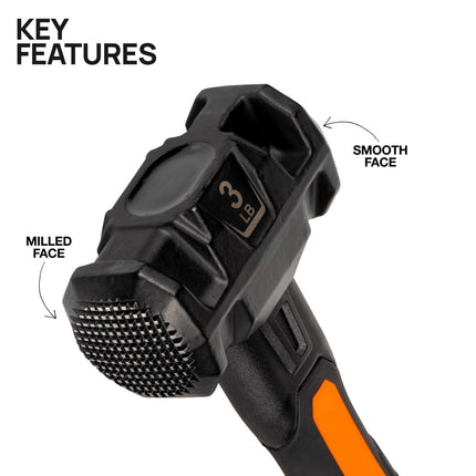 Klein Tools H80693 Sledgehammer, 3-Pound Dual-Faced Hammer with Fiberglass Handle, Shock-Resistant Design for Striking and Demolition, Includes Lanyard Hole