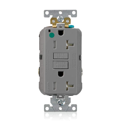 Leviton GFTR2-HGG 20 Amp, 125 Volt, SmartlockPro Slim Self-Test GFCI Receptacle, Extra-Heavy Duty Hospital Grade, Tamper-Resistant, NEMA 5-20R, 20A Feed-Through, 2P, 3W, Matching Wallplate Included - GRAY