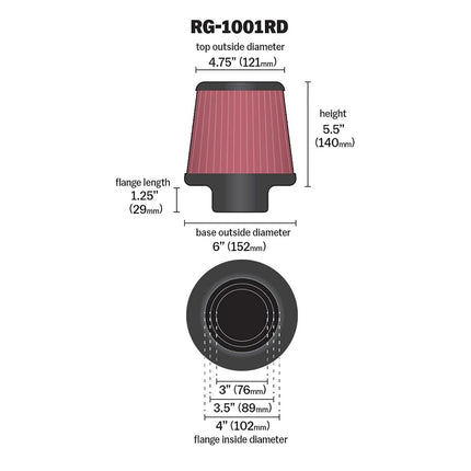 K&N Universal Clamp-On Air Filter: High Performance, Premium, Washable, Filter: Flange Diameter: 4 In, Filter Height: 5 In, Flange Length: 1.125 In, Shape: Round Tapered, RG-1001RD
