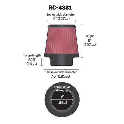 K&N Universal Clamp-On Air Filter: High Performance, Premium, Washable, Replacement Filter: Flange Diameter: 6 In, Filter Height: 6 In, Flange Length: 0.625 In, Shape: Round Tapered, RC-4381
