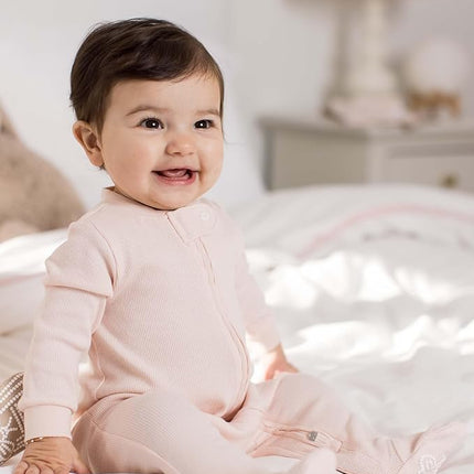 Burt's Bees Baby Pijamas de una pieza de algodón 100 % orgánico suave, con pies antideslizantes Bee Grip, esenciales para recién nacidos y niños pequeños, canalé sólido rosa, canalé sólido rosa, 0-3