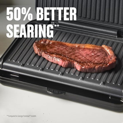 George Foreman - Family size Panini grill and press, non-stick ceramic coating, grease removal slope, angle adjustable, indoor and outdoor use