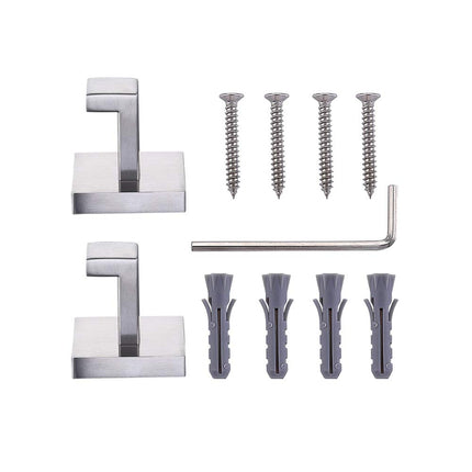 TASTOS Bath Towel Hooks Brushed Nickel, 2 Pack Stainless Steel Robe Coat and Clothes Hook, Heavy Duty Wall Hook for Bathroom & Kitchen, Modern Square Style Wall Mounted (Silver)