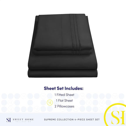 Sweet Home Collection Luxury Bedding Set with Flat, Fitted Sheet, 2 Pillow Cases, Microfiber, Black, California King