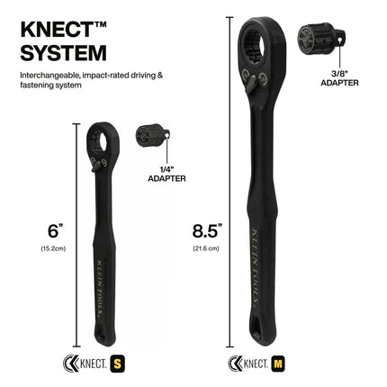 Klein Tools 65408ADP KNECT (M) Pass Through Ratchet and 3/8-Inch Socket Adapter Set, 90-Tooth Wrench for Extended Threaded Rods, Compact and Comfortable Grip, Traditional Socket Compatibility