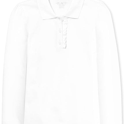 The Children's Place Girls Big Girls' Long Sleeve Ruffle School Uniform Polo Shirt, White, X-Large US