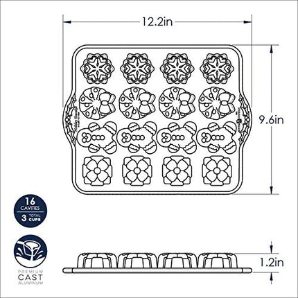 Nordic Ware 93748 Molde de aluminio fundido para pequeños bizcochos de té, diseño de fiestas, capacidad de 3 tazas, color plateado