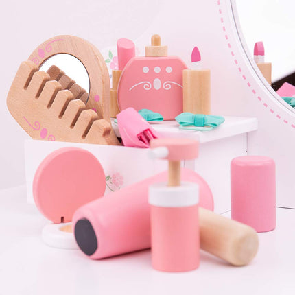 Bigjigs Toys Wooden Kids Vanity Case - 11 Piece Vanity Kit & Accessories with Pink Polka Dot Carry Bag, Ideal Pretend Play Toy & Gift for Girls