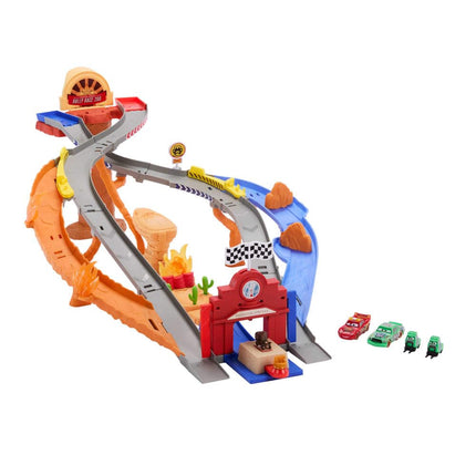 Mattel Disney and Pixar Cars Toy Playset, Lightning McQueen & Chicks Hicks & 2 Pitty Crew Vehicles, 2 Ways to Race, Race & Rescue Rescue Road Raceway, JFL57