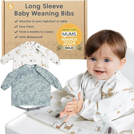 BIBaDO Long Sleeve Waterproof Baby Bib, Serengeti & Dino Roar