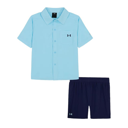 Under Armour Boys' Outdoor Set, Cohesive Pants Or Shorts & Top Short Set (Pack of 1), Ether Blue Woven Shirt, 7