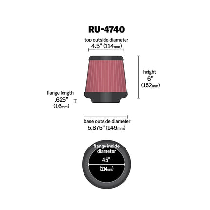 K&N Universal Clamp-On Air Filter: High Performance, Premium, Washable, Replacement Filter: Flange Diameter: 4.5 In, Filter Height: 6 In, Flange Length: 0.625 In, Shape: Round Tapered, RU-4740