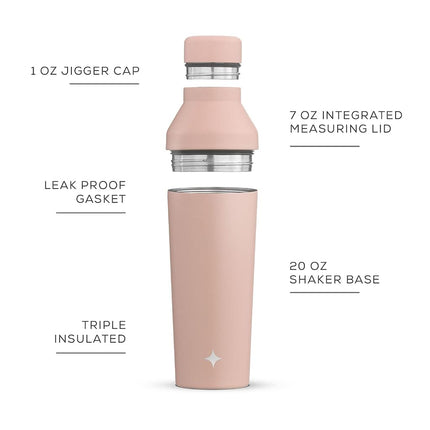 JoyJolt Triple Insulated Cocktail/Protein Shaker Bottle. 20oz Shaker Cup with Alcohol Measure Lid and Jigger Cap. 12hr Ice Cold Shaker Bottles for Protein Mixes, Shake or Smoothie Cups, Metal Mixer