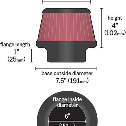 K&N Universal Clamp-On Air Filter: High Performance, Premium, Washable, Replacement Engine Filter: Flange Diameter: 6 In, Filter Height: 4 In, Flange Length: 1 In, Shape: Round Tapered, RU-4600