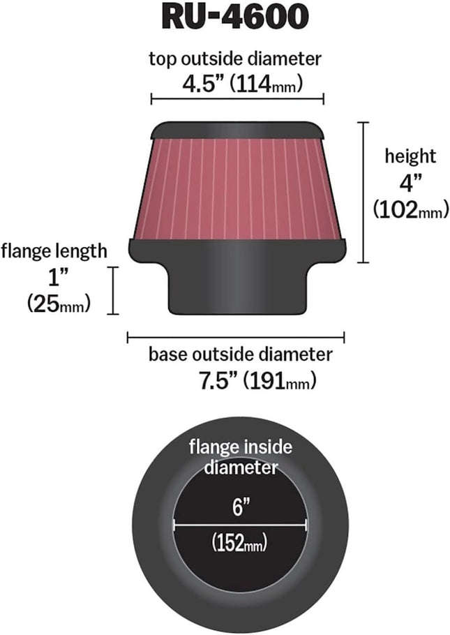 K&N Universal Clamp-On Air Filter: High Performance, Premium, Washable, Replacement Engine Filter: Flange Diameter: 6 In, Filter Height: 4 In, Flange Length: 1 In, Shape: Round Tapered, RU-4600