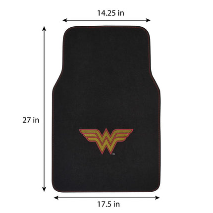 BDK Warner Bros DC Comics Alfombrillas Clásicas de Wonder Woman para Coche - Juego de 4 piezas de Ajuste Universal para Coche, Camioneta, Furgoneta, SUV, Delanteras 66 cm x 42 cm, Traseras 35.5 cm x 42 cm con Agarre Antideslizante