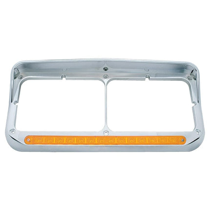 Embellecedor de faro doble rectangular de 14 LED cromado United Pacific 32351 con visera, cromado, plástico moldeado por inyección, barra de luz LED preinstalada – LED ámbar/lente ámbar – UN embellecedor