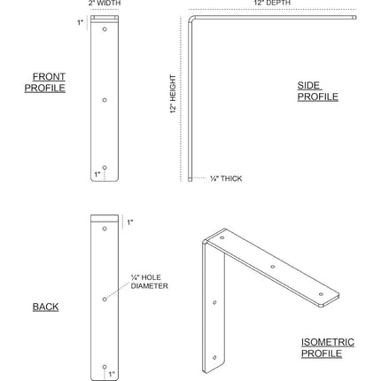 Ekena Millwork BKTM02X12X12HAHWH Steel Bracket Hamilton, 2"W x 12"D x 12"H, Hammered White
