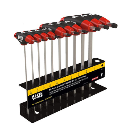 KLEIN TOOLS JTH610E Hex Key Set, SAE T-Handle Hex Key Allen Wrench Set with 6-Inch Blades, Stand Included, 10-Piece