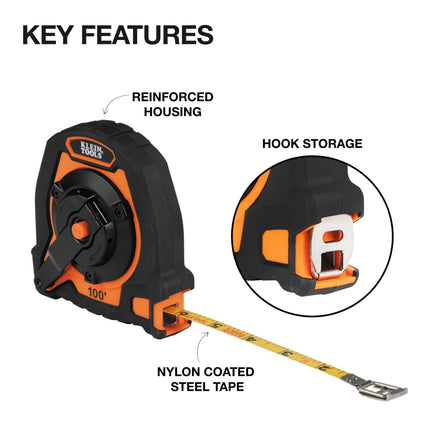 Klein Tools 94100CR Closed Reel Long Tape Measure, 100-Foot Nylon Coated Blade, with Belt Clip and Lanyard Hole