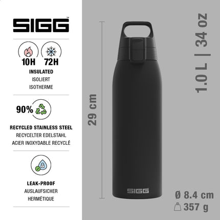 SIGG - Insulated Water Bottle - Shield Therm One Black - Suitable for Carbonated Beverages - Leakproof - Dishwasher Safe - BPA Free - 90% Recycled Stainless Steel - Black - 1L