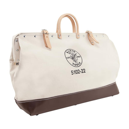 Klein Tools 5102-22 Heavy Duty Natural Canvas Tool Bag, Tool Tote, Multi-Purpose Bag with Wide Hinged Opening and Leather Handles, 22-Inch