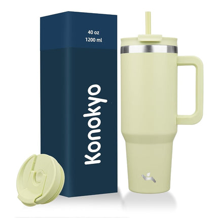 Konokyo 40 oz Tumbler with Handle and 2 Straws,2 in 1 Lid Insulated Water Bottle Stainless Steel Travel Coffee Mug,Macaron Green