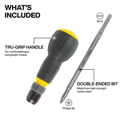 Klein Tools 32960A Fastbit Tru-Grip Screwdriver, Ball-Style Handle with Quick-Release Collar, #2 Phillips and 6 mm Slotted Double-Ended Bit, 1/4-Inch Bit Compatible