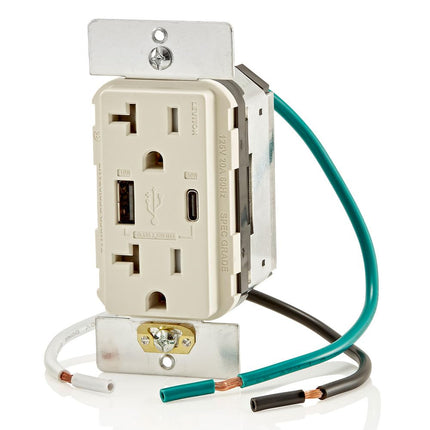 60W (20V@2.5A+ 5V@2A) USB Dual Type A/Type-C Power Delivery in-Wall Charger with 20A Tamper-Resistant Outlet, USB Charger for Smartphones, Tablets, Laptops, Light Almond