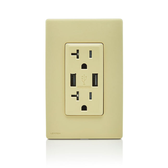Leviton RUAA2-WG Renu, tomacorriente dúplex con cargador USB y a prueba de manipulaciones, 20A-125 VCA, Whispering Wheat