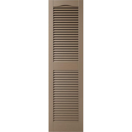 12"W x 64"H Lifetime Vinyl, Standard Cathedral Top Center Mullion, Open Louver Shutters, w/Installation Shutter-Lok's & Matching Screws (Per Pair), French Roast