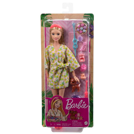 Barbie Doll, Kids Toys, Blonde Doll with Pet Puppy, Barbie Sets, Spa Day, Lemon Print Bathrobe, Headband and Eye Mask, Self-Care Series, HKT90