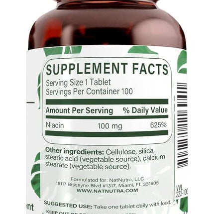 Natural Nutra Niacin as Nicotinic Acid (Vitamin B3) Supplement for Energy, Cholesterol and Cardiovascular Health, Non-GMO, Vegan, Gluten Free, 100 mg, 100 Tablets