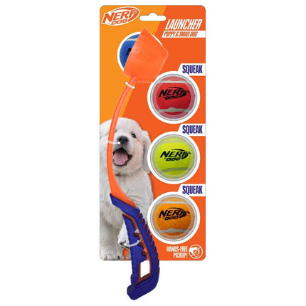 Nerf Dog 5-Piece Dog Toy Gift Set, Includes 13in Air Strike Launcher and 2in Squeak Tennis Ball 4-Pack, Nerf Tough Material, Multicolored