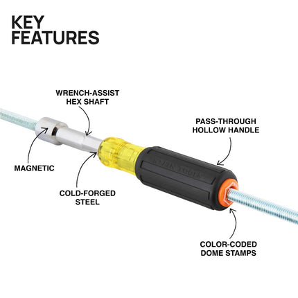 Klein Tools 65406M Metric Color-Coded Nut Driver, Hollow-Shaft, Heavy-Duty 6 mm Hex, Pass-Through Design, 6-Point Socket, and Cushion-Grip Handle