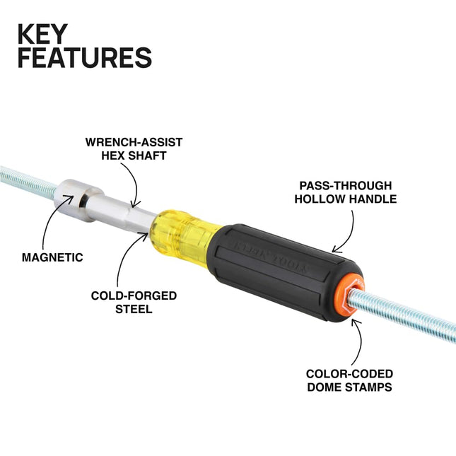 Klein Tools 65406M Metric Color-Coded Nut Driver, Hollow-Shaft, Heavy-Duty 6 mm Hex, Pass-Through Design, 6-Point Socket, and Cushion-Grip Handle