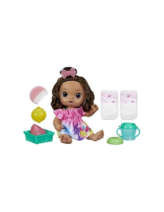 Baby Alive Fruity Sips Doll, Lemon, Toys for 3 Year Old Girls, 12-inch Baby Doll Set, Drinks & Wets, Pretend Juicer, Kids 3 and Up, Brown Hair