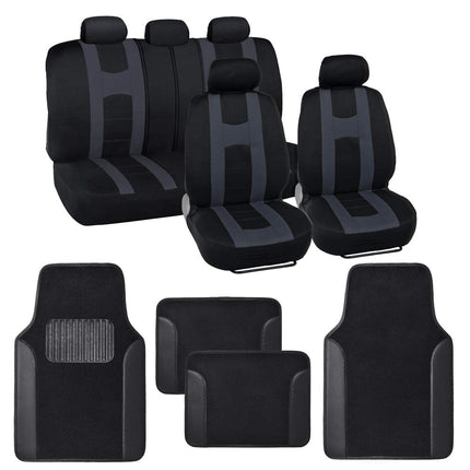 carXS Forza Series Charcoal Gray Seat Covers Full Set Combo with Car Floor Mats – Front and Rear Bench Cover & Floor Mat Protector Set, Interior Covers for Auto Truck Van SUV