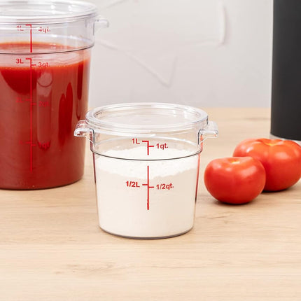 Restaurantware-Met Lux 1 Quart Food Storage Container, 1 Round Commercial Storage Container - Lid Sold Separately, with Volume Markers, Clear Plastic Food Prep Bucket, Space-Saving Storage