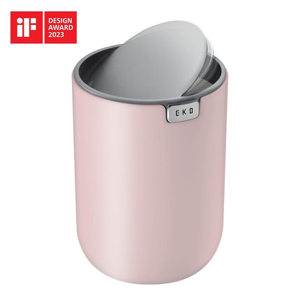EKO Mini Desk Trash Can with Swing-Top Lid 0.4 Gallon Small Table Round Wastebasket for Office, Home, Car (Pink)