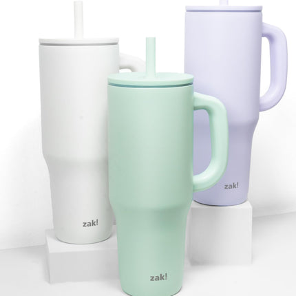 Zak Designs Sutton Travel Tumbler for On The Go, 40oz Stainless Steel with Vacuum Insulation, Silicone Straw, and Carry Handle for Cold Drinks (Cream White)