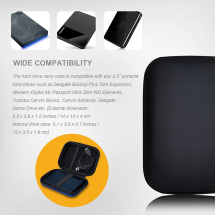 Étui de transport pour disque dur Housse de rangement universelle compatible avec Western Digital WD Elements Seagate, étui de voyage antichoc en EVA de 2,5'' (Noir)