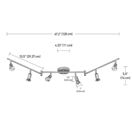 Globe Electric 59351 6-Light Foldable Track Lighting, Matte Silver, Foldable Track Lighting, 6 Bulb Kitchen Light, Track Light Heads, Track Lighting Kit, Ceiling Light Fixture, Track Ceiling Light